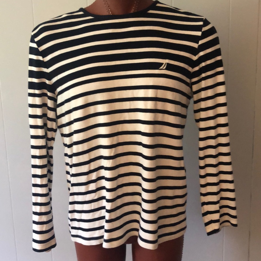 Nautica navy white striped womens long sleeve L